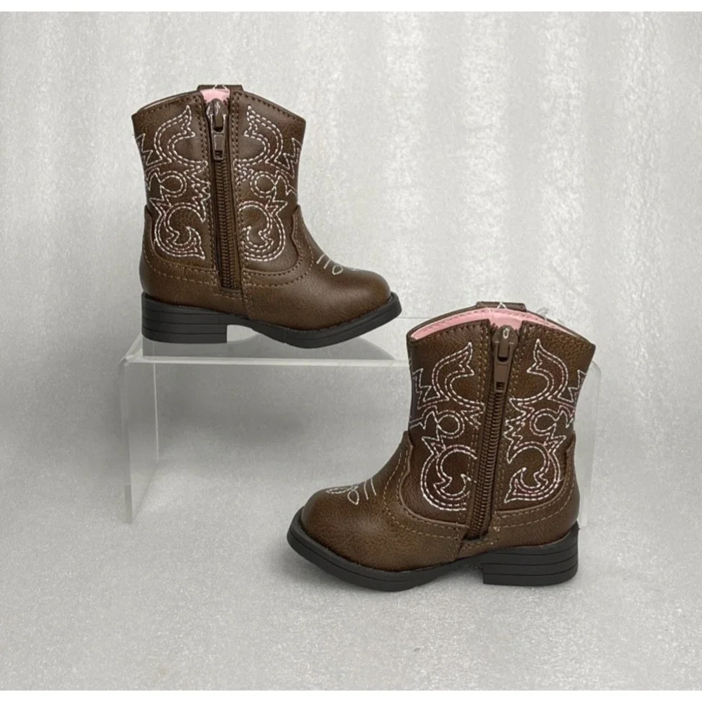 Wonder Nation Brown Zip up Square Toe Cowboy Cowgirl Boots Baby Girls Size 3